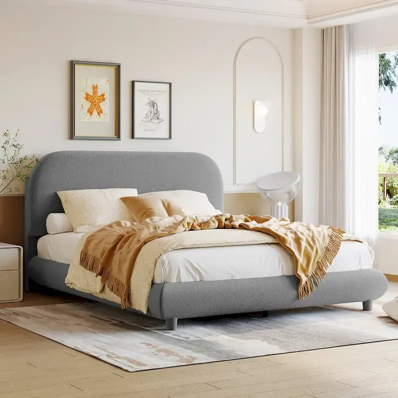 Curve Shaped Headboard Bed Frame, Teddy Fleece Upholstered Platform Bed with Thick Fabric, Wood Low Profile Bed Panel Bed