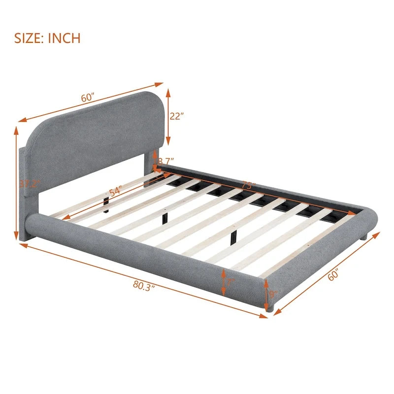 Curve Shaped Headboard Bed Frame, Teddy Fleece Upholstered Platform Bed with Thick Fabric, Wood Low Profile Bed Panel Bed