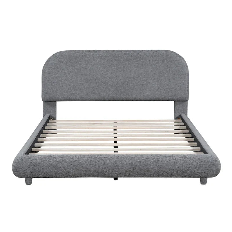 Curve Shaped Headboard Bed Frame, Teddy Fleece Upholstered Platform Bed with Thick Fabric, Wood Low Profile Bed Panel Bed