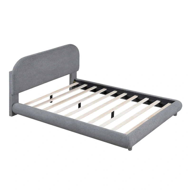 Curve Shaped Headboard Bed Frame, Teddy Fleece Upholstered Platform Bed with Thick Fabric, Wood Low Profile Bed Panel Bed
