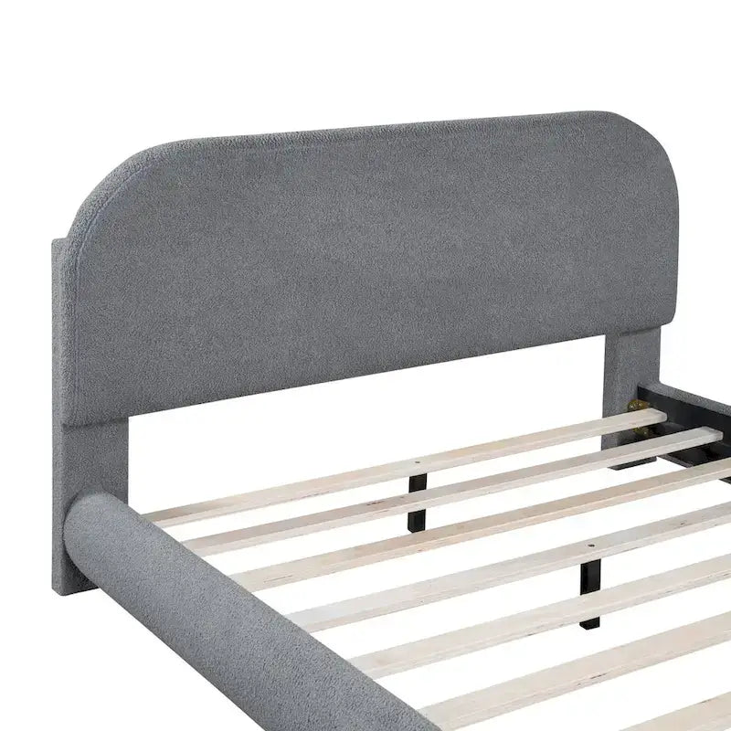 Curve Shaped Headboard Bed Frame, Teddy Fleece Upholstered Platform Bed with Thick Fabric, Wood Low Profile Bed Panel Bed