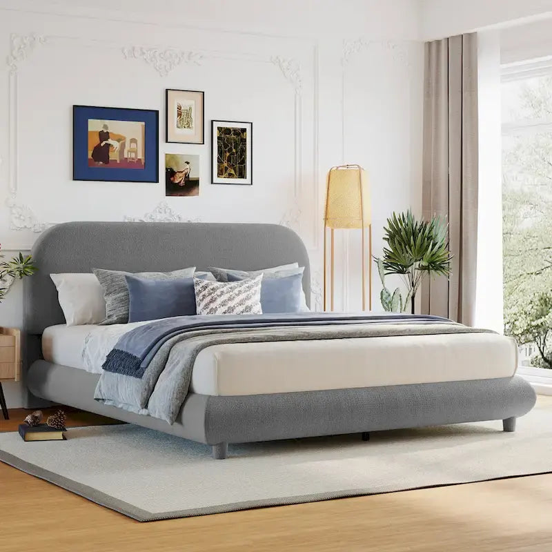 Curve Shaped Headboard Bed Frame, Teddy Fleece Upholstered Platform Bed with Thick Fabric, Wood Low Profile Bed Panel Bed