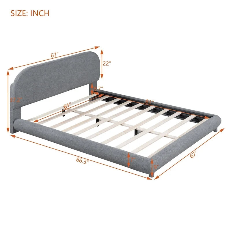 Curve Shaped Headboard Bed Frame, Teddy Fleece Upholstered Platform Bed with Thick Fabric, Wood Low Profile Bed Panel Bed