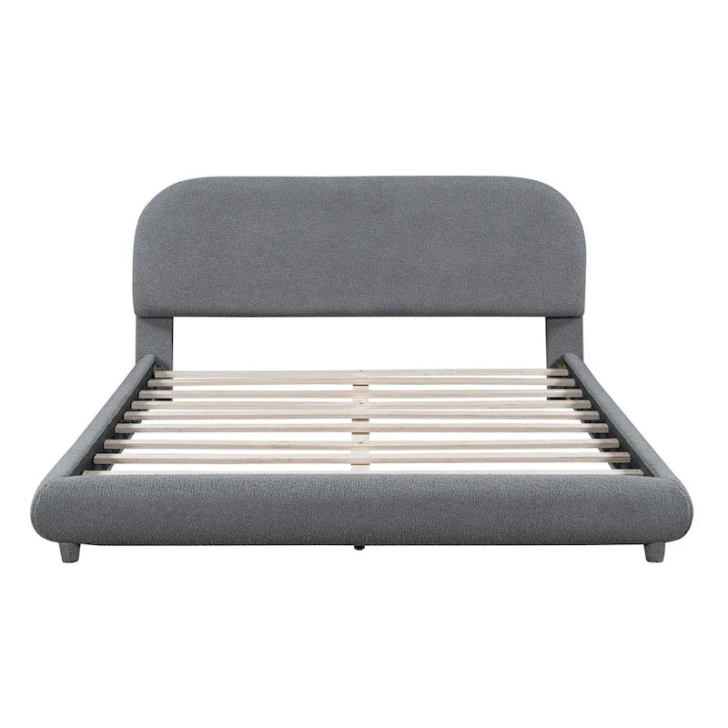 Curve Shaped Headboard Bed Frame, Teddy Fleece Upholstered Platform Bed with Thick Fabric, Wood Low Profile Bed Panel Bed