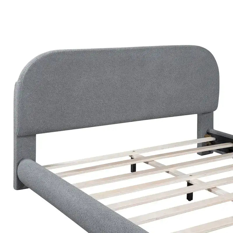 Curve Shaped Headboard Bed Frame, Teddy Fleece Upholstered Platform Bed with Thick Fabric, Wood Low Profile Bed Panel Bed
