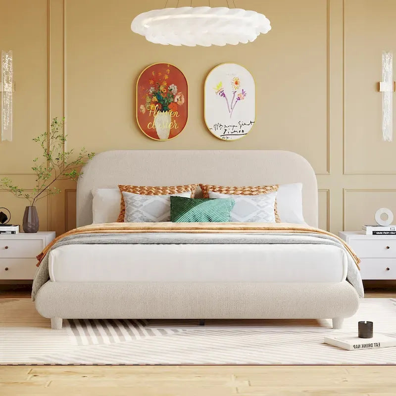 Curve Shaped Headboard Bed Frame, Teddy Fleece Upholstered Platform Bed with Thick Fabric, Wood Low Profile Bed Panel Bed