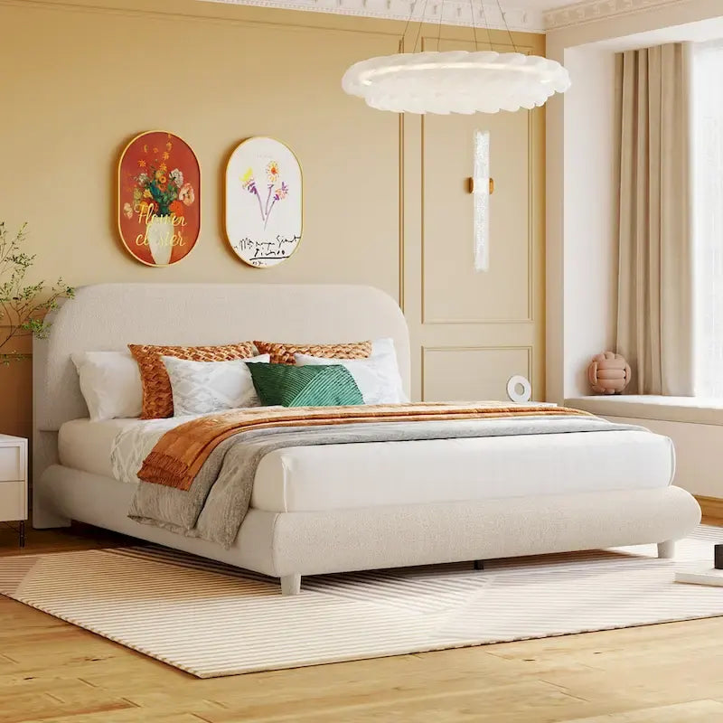 Curve Shaped Headboard Bed Frame, Teddy Fleece Upholstered Platform Bed with Thick Fabric, Wood Low Profile Bed Panel Bed