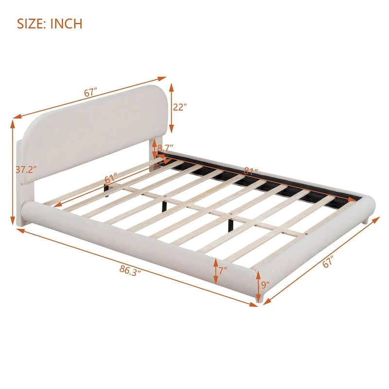 Curve Shaped Headboard Bed Frame, Teddy Fleece Upholstered Platform Bed with Thick Fabric, Wood Low Profile Bed Panel Bed