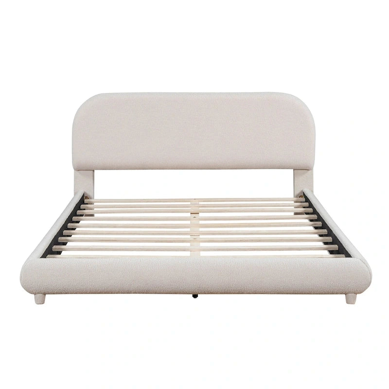 Curve Shaped Headboard Bed Frame, Teddy Fleece Upholstered Platform Bed with Thick Fabric, Wood Low Profile Bed Panel Bed