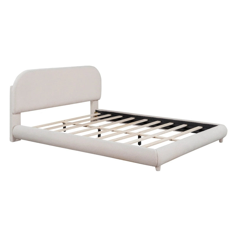 Curve Shaped Headboard Bed Frame, Teddy Fleece Upholstered Platform Bed with Thick Fabric, Wood Low Profile Bed Panel Bed