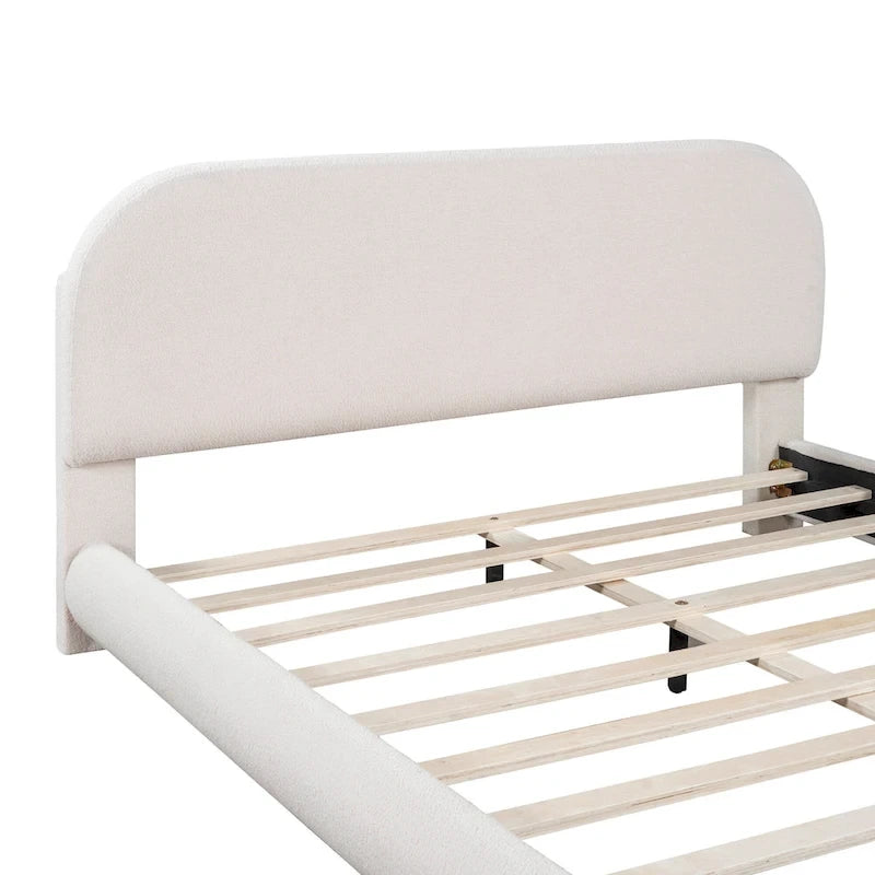 Curve Shaped Headboard Bed Frame, Teddy Fleece Upholstered Platform Bed with Thick Fabric, Wood Low Profile Bed Panel Bed