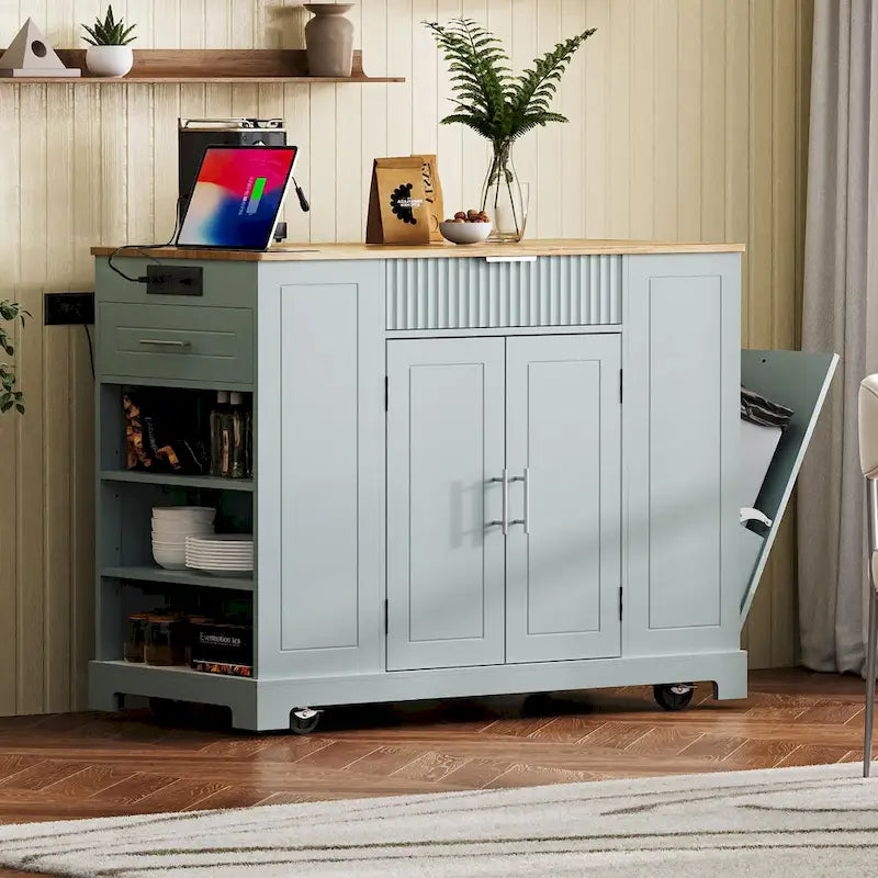 Fluted Kitchen Island With Trash Can Storage Cabinet(no include stool)