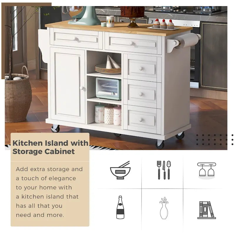 Kitchen Cart With Rubber Wood Desktop Rolling Mobile Kitchen Island With Storage And 5 Draws 53 Inch Length(no include stool)