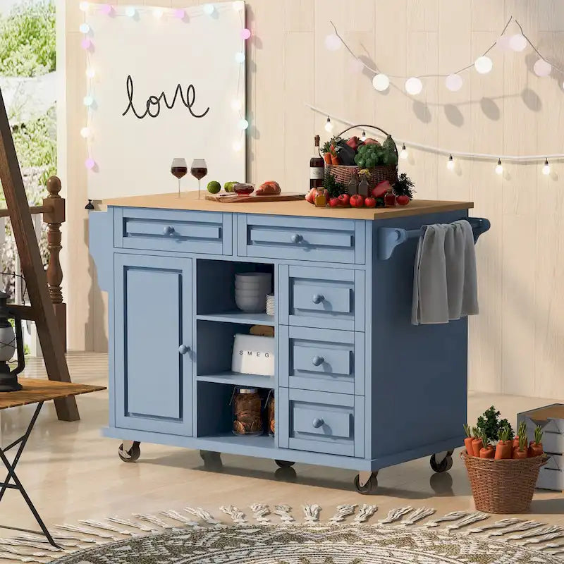 Kitchen Cart With Rubber Wood Desktop Rolling Mobile Kitchen Island With Storage And 5 Draws 53 Inch Length(no include stool)