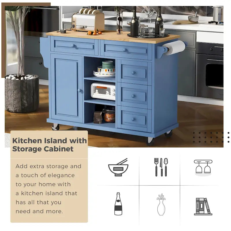 Kitchen Cart With Rubber Wood Desktop Rolling Mobile Kitchen Island With Storage And 5 Draws 53 Inch Length(no include stool)