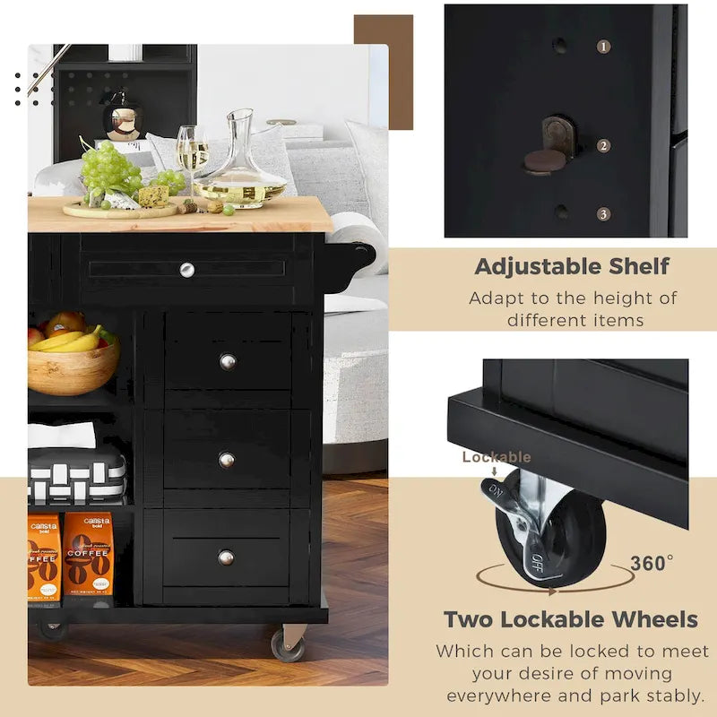 Kitchen Cart With Rubber Wood Desktop Rolling Mobile Kitchen Island With Storage And 5 Draws 53 Inch Length(no include stool)