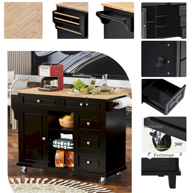 Kitchen Cart With Rubber Wood Desktop Rolling Mobile Kitchen Island With Storage And 5 Draws 53 Inch Length(no include stool)