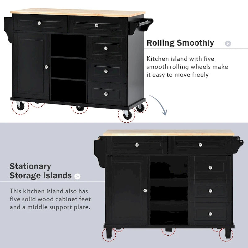 Kitchen Cart With Rubber Wood Desktop Rolling Mobile Kitchen Island With Storage And 5 Draws 53 Inch Length(no include stool)
