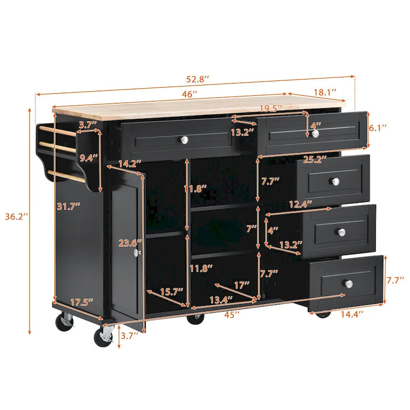 Kitchen Cart With Rubber Wood Desktop Rolling Mobile Kitchen Island With Storage And 5 Draws 53 Inch Length(no include stool)