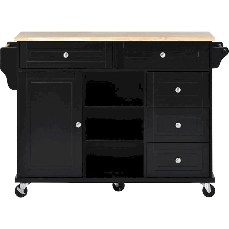 Kitchen Cart With Rubber Wood Desktop Rolling Mobile Kitchen Island With Storage And 5 Draws 53 Inch Length(no include stool)