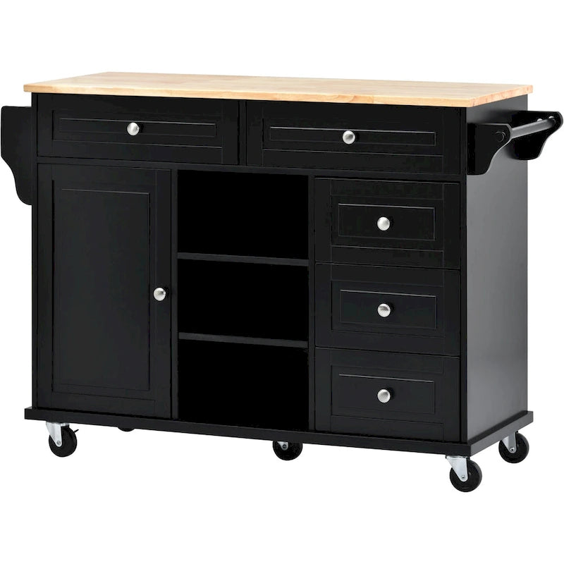 Kitchen Cart With Rubber Wood Desktop Rolling Mobile Kitchen Island With Storage And 5 Draws 53 Inch Length(no include stool)