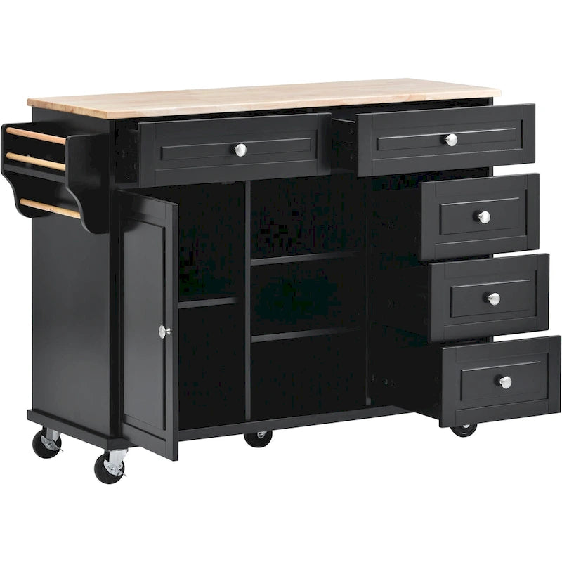 Kitchen Cart With Rubber Wood Desktop Rolling Mobile Kitchen Island With Storage And 5 Draws 53 Inch Length(no include stool)