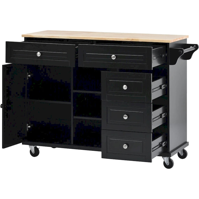 Kitchen Cart With Rubber Wood Desktop Rolling Mobile Kitchen Island With Storage And 5 Draws 53 Inch Length(no include stool)