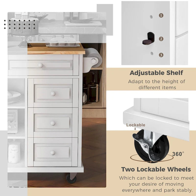 Kitchen Cart With Rubber Wood Desktop Rolling Mobile Kitchen Island With Storage And 5 Draws 53 Inch Length(no include stool)