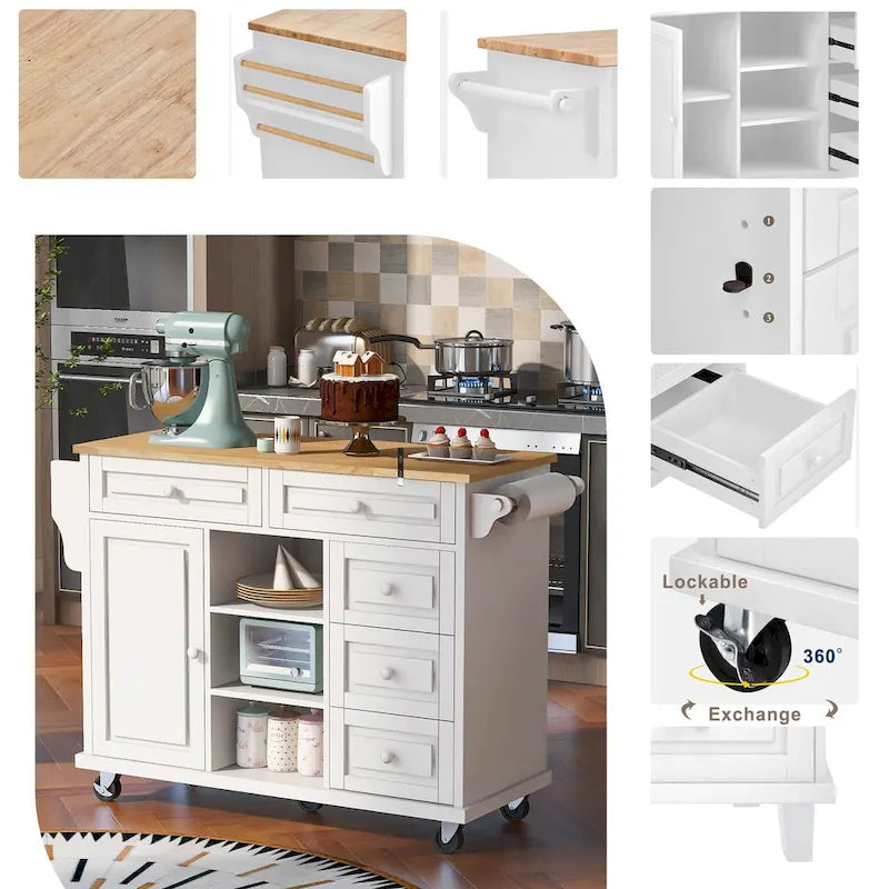 Kitchen Cart With Rubber Wood Desktop Rolling Mobile Kitchen Island With Storage And 5 Draws 53 Inch Length(no include stool)