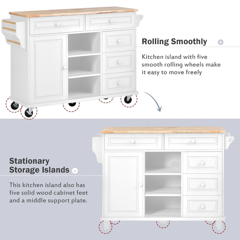 Kitchen Cart With Rubber Wood Desktop Rolling Mobile Kitchen Island With Storage And 5 Draws 53 Inch Length(no include stool)