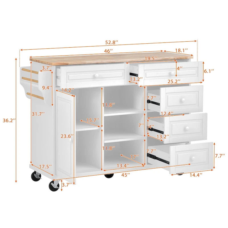 Kitchen Cart With Rubber Wood Desktop Rolling Mobile Kitchen Island With Storage And 5 Draws 53 Inch Length(no include stool)