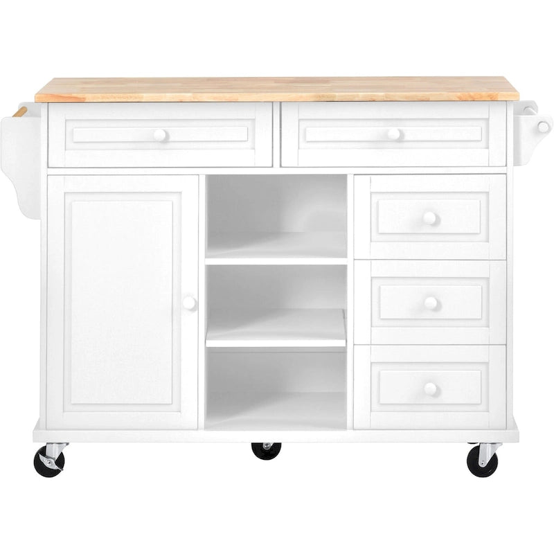 Kitchen Cart With Rubber Wood Desktop Rolling Mobile Kitchen Island With Storage And 5 Draws 53 Inch Length(no include stool)