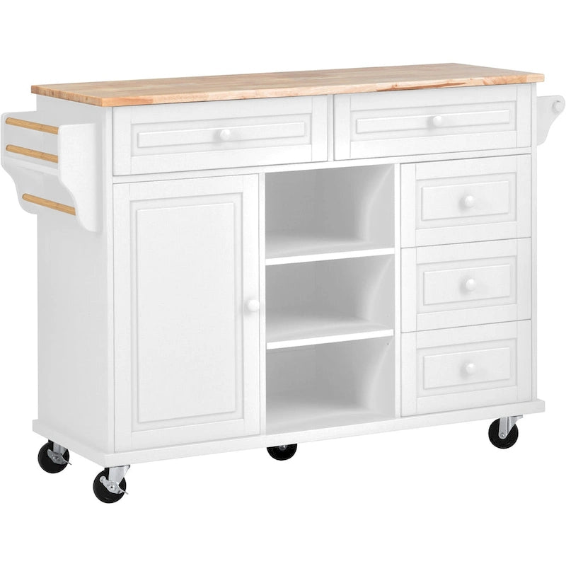 Kitchen Cart With Rubber Wood Desktop Rolling Mobile Kitchen Island With Storage And 5 Draws 53 Inch Length(no include stool)