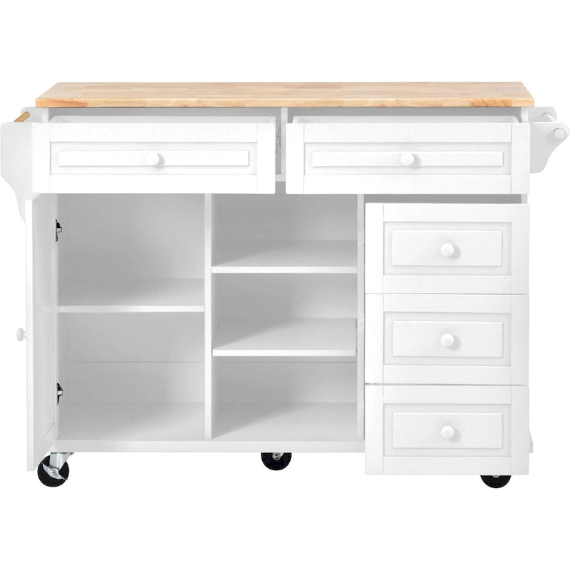 Kitchen Cart With Rubber Wood Desktop Rolling Mobile Kitchen Island With Storage And 5 Draws 53 Inch Length(no include stool)