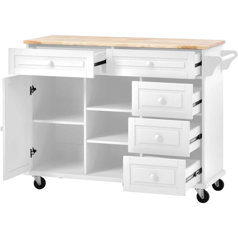 Kitchen Cart With Rubber Wood Desktop Rolling Mobile Kitchen Island With Storage And 5 Draws 53 Inch Length(no include stool)