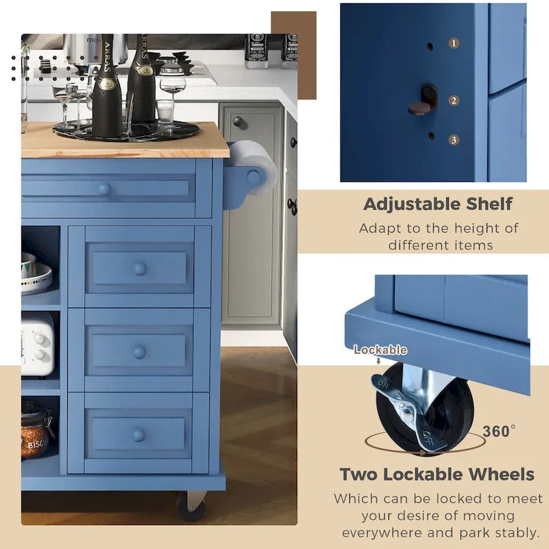 Kitchen Cart With Rubber Wood Desktop Rolling Mobile Kitchen Island With Storage And 5 Draws 53 Inch Length(no include stool)