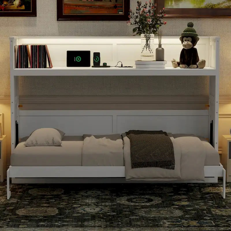 Twin XL Size Murphy Bed with Desk & LED Light, Solid Wood Bed Frame with USB Charging Station, for Small Spaces and Home Offices