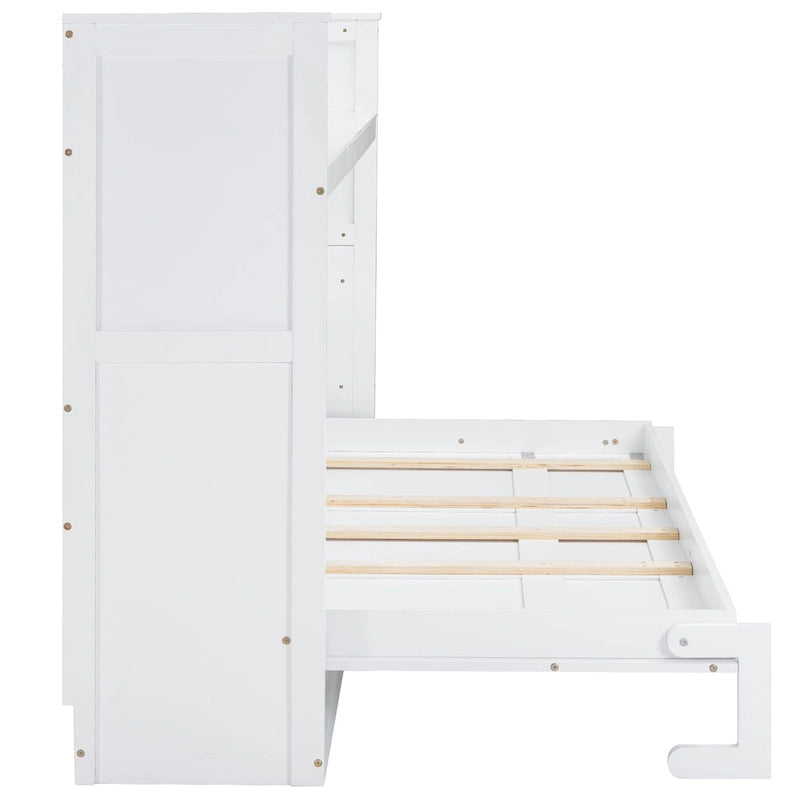 Twin XL Size Murphy Bed with Desk & LED Light, Solid Wood Bed Frame with USB Charging Station, for Small Spaces and Home Offices
