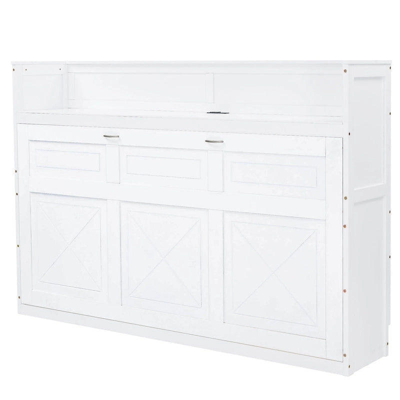 Twin XL Size Murphy Bed with Desk & LED Light, Solid Wood Bed Frame with USB Charging Station, for Small Spaces and Home Offices