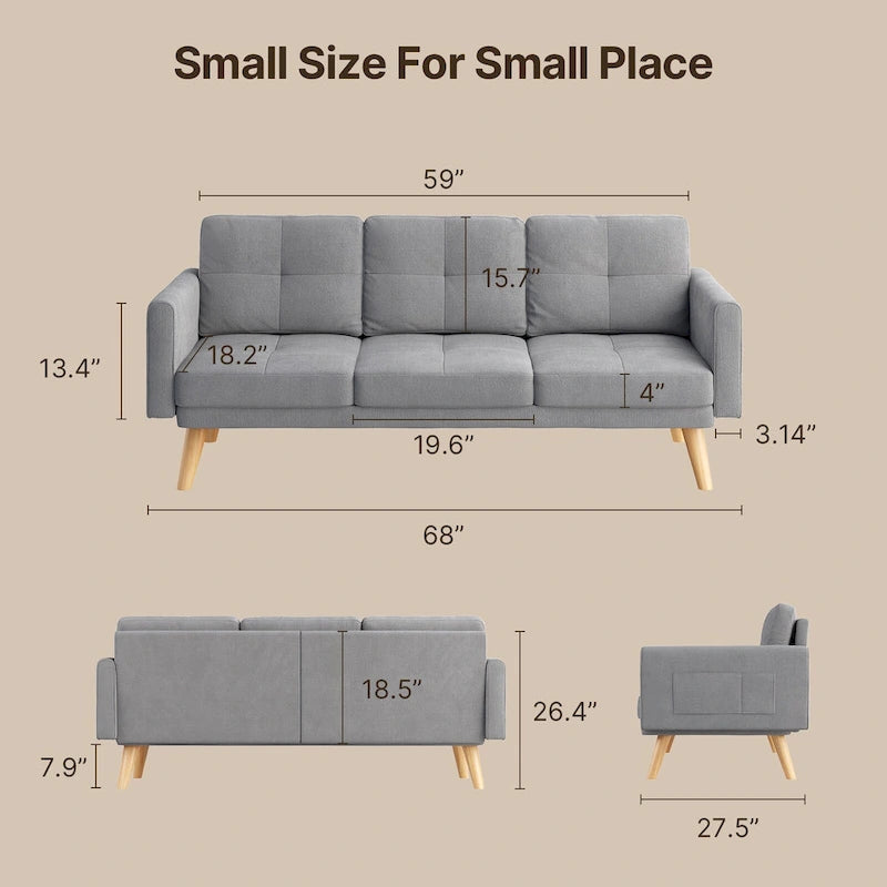 67 Sofa Couch with Soft Armrest Small Sofa Seat with 3 Comfy Pillows3-Seater Couch for Livingroom