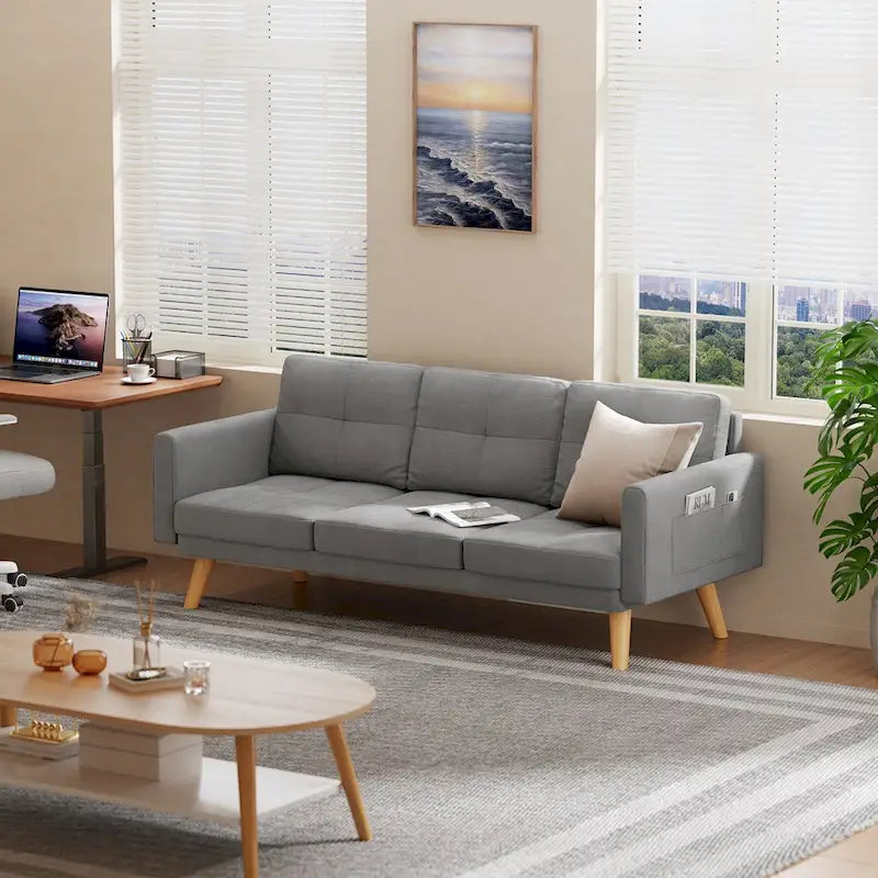 67 Sofa Couch with Soft Armrest Small Sofa Seat with 3 Comfy Pillows3-Seater Couch for Livingroom