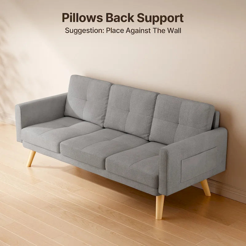 67 Sofa Couch with Soft Armrest Small Sofa Seat with 3 Comfy Pillows3-Seater Couch for Livingroom