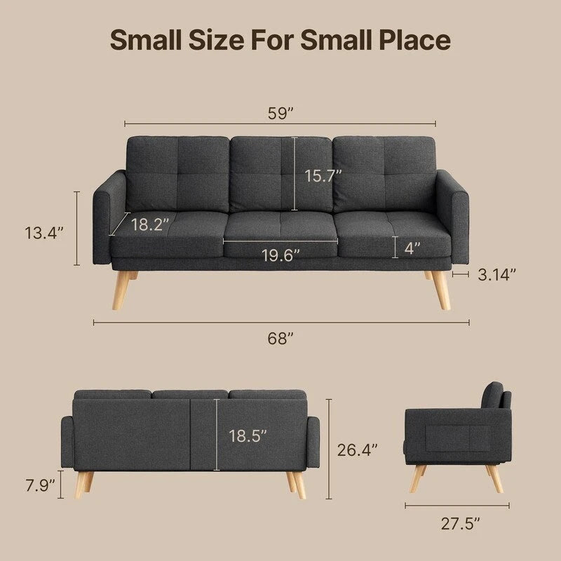67 Sofa Couch with Soft Armrest Small Sofa Seat with 3 Comfy Pillows3-Seater Couch for Livingroom