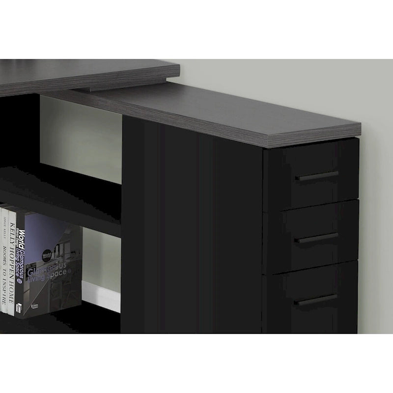 Grey Wood L-Shaped Computer Desk with Drawers and Metal Pedestal Base