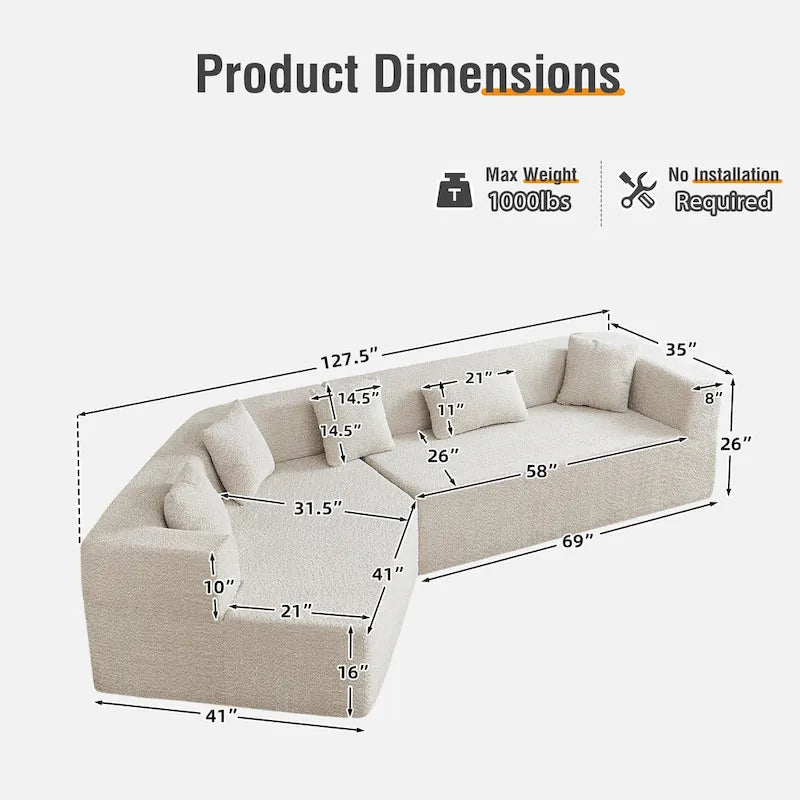 127.5 Polyester Upholstered Modular Oversized Minimalist Comfy Sectional Compressed Sofa