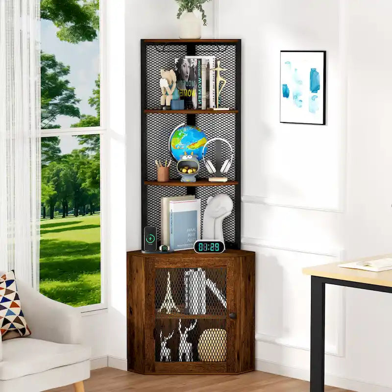 Corner Shelf with Doors, 65 Corner Cabinet with Shelves & Wine Glass Rack, 6 Tier Bookshelf Display Corner Shelves