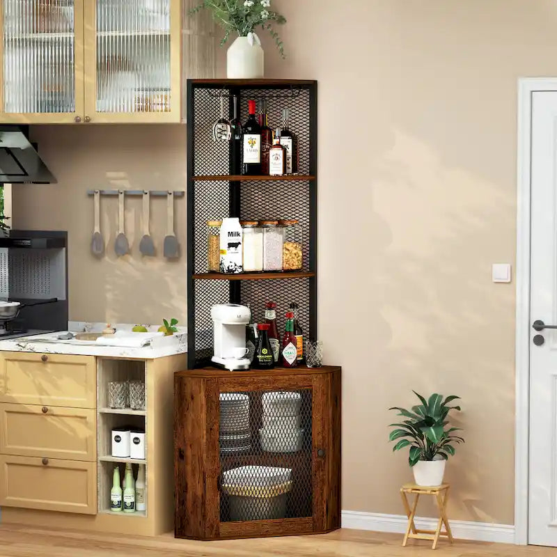 Corner Shelf with Doors, 65 Corner Cabinet with Shelves & Wine Glass Rack, 6 Tier Bookshelf Display Corner Shelves