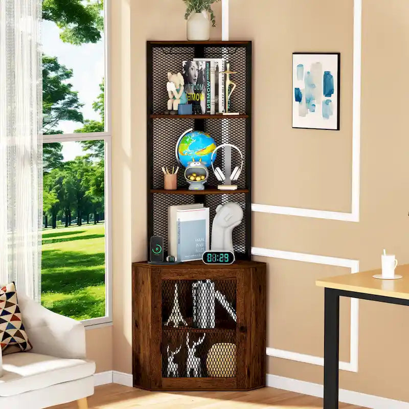 Corner Shelf with Doors, 65 Corner Cabinet with Shelves & Wine Glass Rack, 6 Tier Bookshelf Display Corner Shelves
