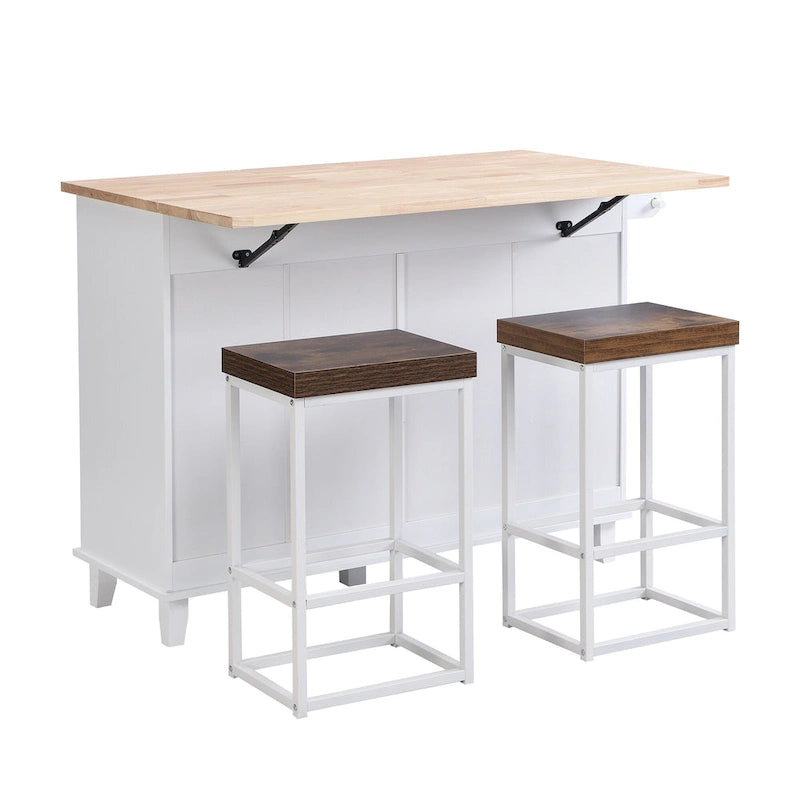 TOPMAX Kitchen Island Set with Drop Leaf and 2 Seatings, Dining Table Set with Adjustable Shelf, Drawers and Towel Rack