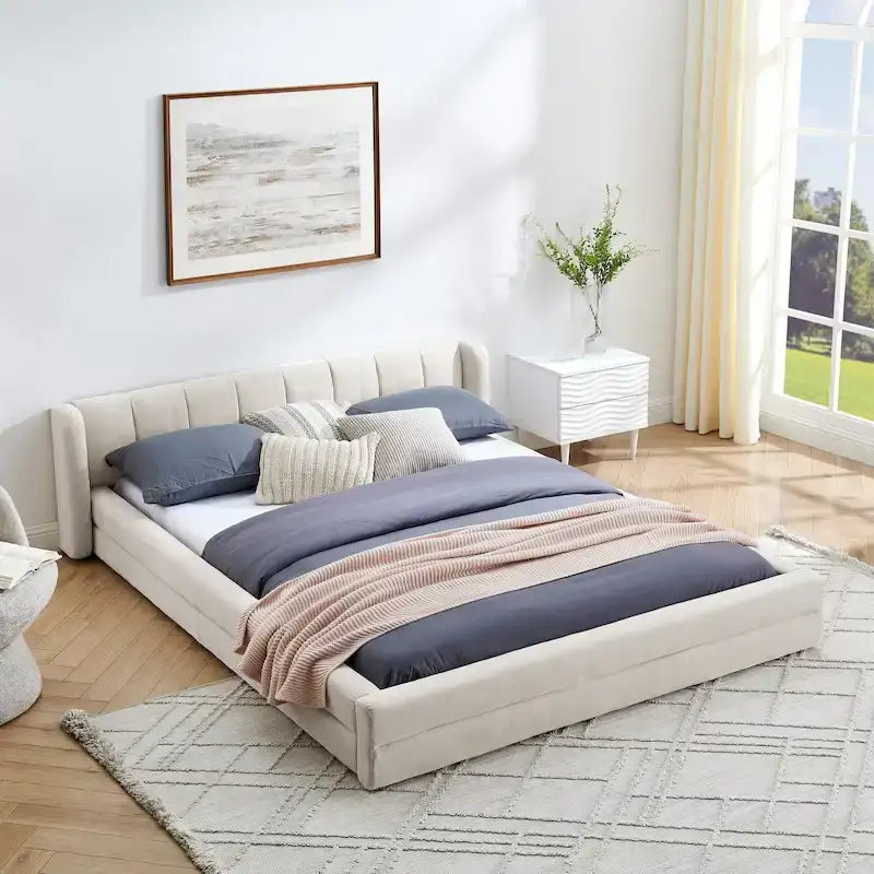 Chenille Fabric Grounded Bed, Thick Fabric Upholstered Bedframe Queen Size Low Wingback Bed with Solid Wood Slat Support Frame